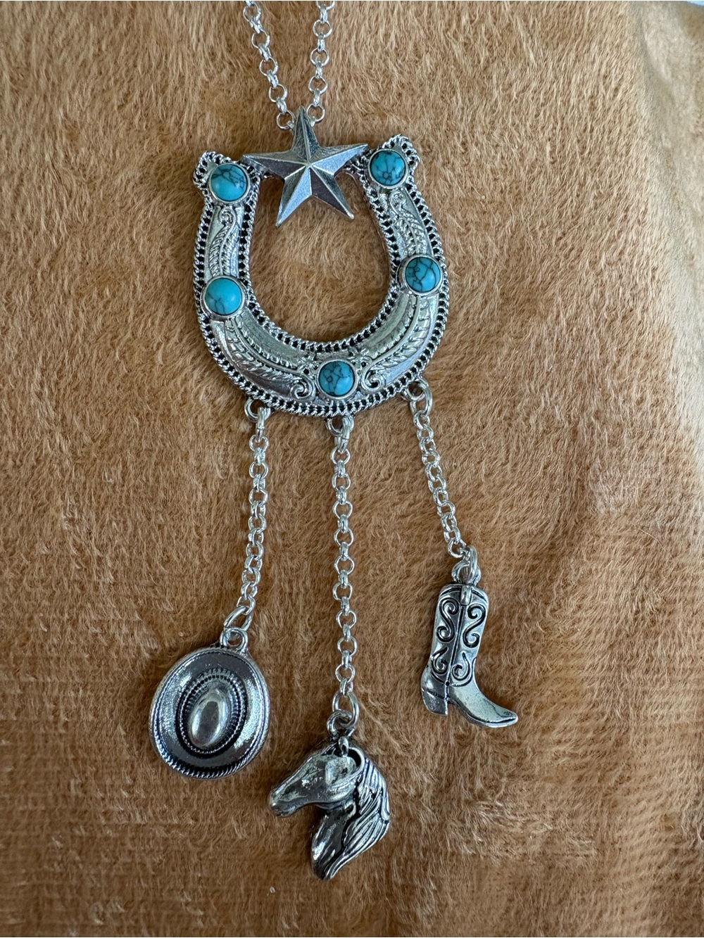 Turquoise lSilver Western Horseshoe Pendant Necklace and 3 pair Earrings